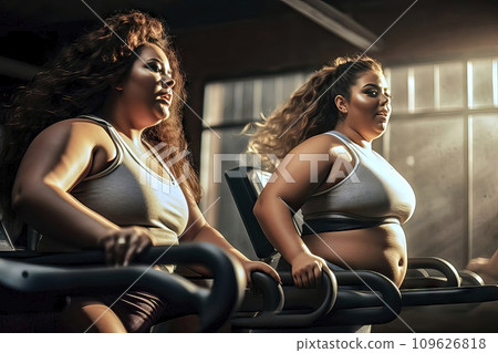Two overweight women in tight, skimpy sportswear on a treadmill at the gym, Diet and weight loss concept 109626818