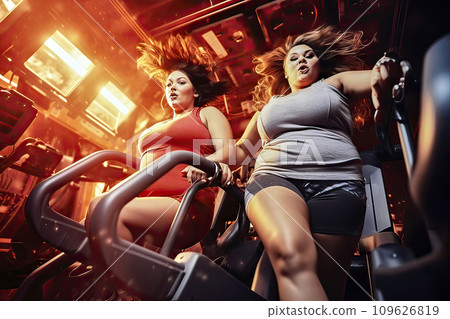 Two overweight women in tight, skimpy sportswear with wildly blowing hair on a treadmill at the gym seen from below, Diet and weight loss concept 109626819