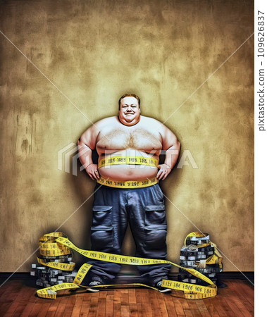 Smiling overweight man stands with a measuring tape around his belly, hands on hips, in front of a wall, Diet and weight loss concept 109626837