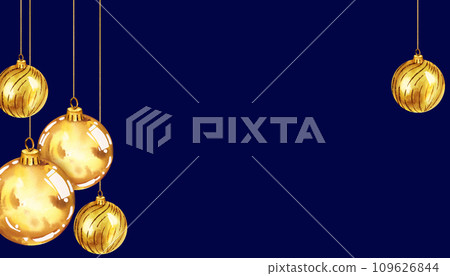 watercolor illustration of Christmas tree toys with shiny gold balls, golden glitter balls, frame with Christmas decoration on dark blue background 109626844