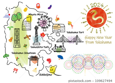 Illustration map of tourist spots in Yokohama New Year's card 2024 109627494
