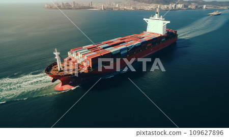 Aerial front view of a loaded container cargo vessel traveling over calm ocean. Generative AI 109627896