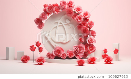 Blank podium derocation with rose. Valentine concept. Generative AI 109627913