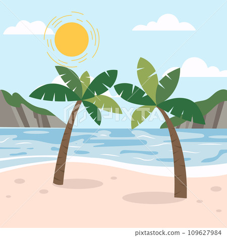 Tropical landscape of coast beautiful sea shore beach and palm trees on good sunny day. Vector illustration in flat style for poster, party holiday invitation, festive banner, card. 109627984