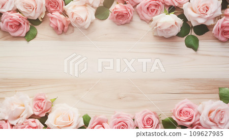 AI-generated content. Romantic Background with Roses on Wooden Table 109627985