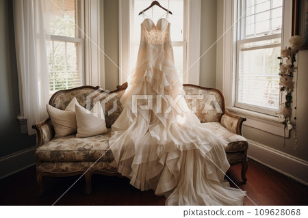 Wedding dress hangs on a hanger in the hotel interior 109628068