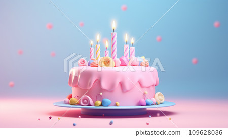 3d of birthday cake with copyspace on pastel background. Generative AI 109628086