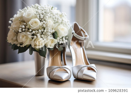 Bride's bouquet and festive shoes Bride's bouquet and festive shoes 109628391