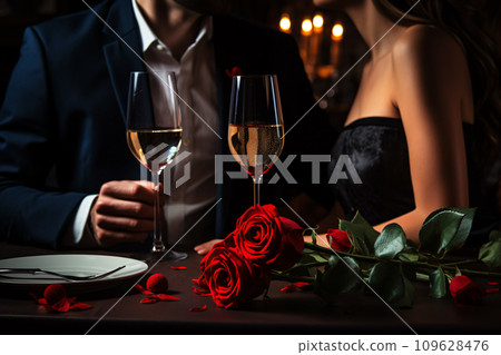A well dressed couple having romantic dinner date at luxury restaurant, red roses and wine on the table with unrecognizable person, celebrating Valentine s day concept. Generative AI A well dressed couple having romantic dinner date at luxury restaurant, red roses and wine on the table with unrecognizable person, celebrating Valentine s day concept. Generative AI 109628476