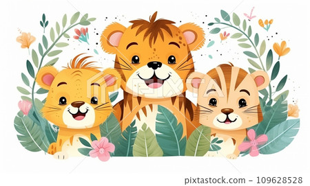 illustration happy tigers background. Generative AI. illustration happy tigers background. Generative AI. 109628528