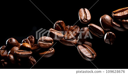 AI-generated content. Falling roasted coffee beans over black background with copy space, AI generated 109628676
