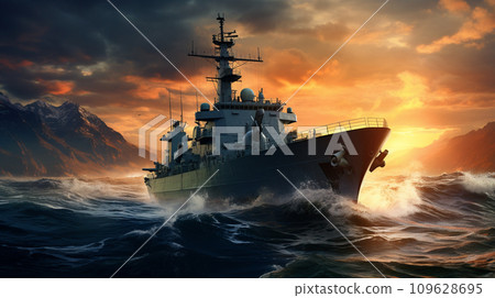 naval ship, battle ship, warship, Military ship on the ocean. Aerial view. Generative AI. naval ship, battle ship, warship, Military ship on the ocean. Aerial view. Generative AI. 109628695