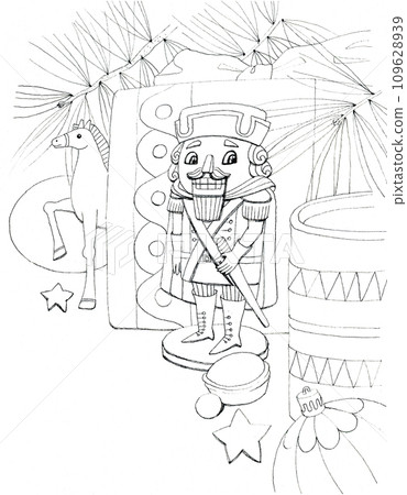 Christmas coloring pages. Nutcracker.Traditional new year celebration accessories on white background 109628939