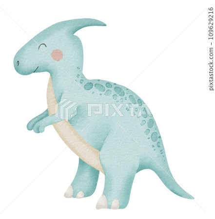 Dinosaur Parasaurolophus Watercolor illustration. Hand drawn clip art of Dino on isolated background. Drawing of animal. Cute character sketch for kids. To decorate a Baby shower or birthday party. 109629216