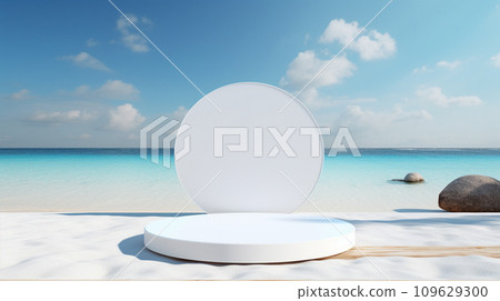 3d luxury white podium with blur ocean and blue sky for your luxury product.Generative AI 109629300
