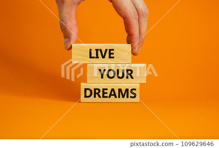 Live your dreams symbol. Wooden blocks with words 'Live your dreams'. Beautiful orange background, businessman hand. Business, live your dreams concept, copy space. 109629646