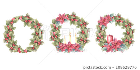 Watercolor painted illustration wreath, frame set. Holly berry, poinsettia flowers, leaves and three flaming candle.Template for Christmas, New Year card, winter invitation. Isolated white background. 109629776