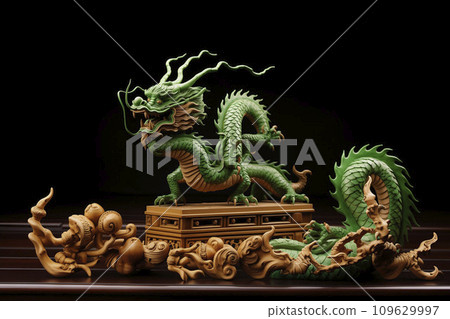 AI-generated content. Chinese wooden dragon, green, dragon statuette, symbol of the year 2024 109629997