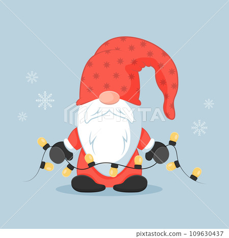 Christmas little gnome holding garland. Vector illustration in flat cartoon style. Christmas little gnome holding garland. Vector illustration in flat cartoon style. 109630437