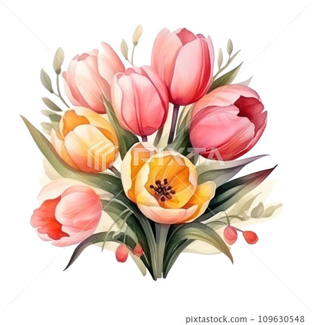 cute watercolor tulip flower bouquet in basket isolated cute watercolor tulip flower bouquet in basket isolated 109630548