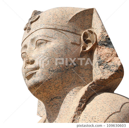 Face of Sphinx in Famous landmark Serapeum of Alexandria, Alexandria, Egypt, North Africa. Sphinx in Roman temple Serapeum. Isolated on white background Face of Sphinx in Famous landmark Serapeum of Alexandria, Alexandria, Egypt, North Africa. Sphinx in Roman temple Serapeum. Isolated on white background 109630603