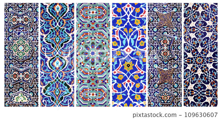 Set of vertical or horizontal banners with detail of ancient mosaic walls with floral and geometric ornaments. Collection of backgrounds with traditional iranian tile decorations 109630607