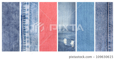 Set of vertical or horizontal banners with denim texture of different colors. Light blue, blue, coral and navy color denim jeans fabric material. Copy space for text Set of vertical or horizontal banners with denim texture of different colors. Light blue, blue, coral and navy color denim jeans fabric material. Copy space for text 109630615