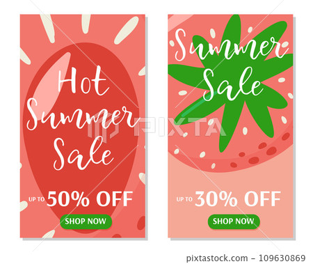 Hot summer sale flyer with strawberry background. Set of vector cards with fruits and discount. For banner, poster, flyer, social media, stories. Cartoon flat style. Hot summer sale flyer with strawberry background. Set of vector cards with fruits and discount. For banner, poster, flyer, social media, stories. Cartoon flat style. 109630869