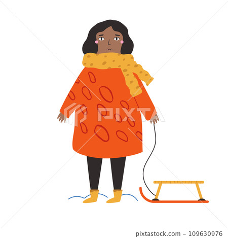 Vector illustration of a young girl in a big jacket holding sledge 109630976