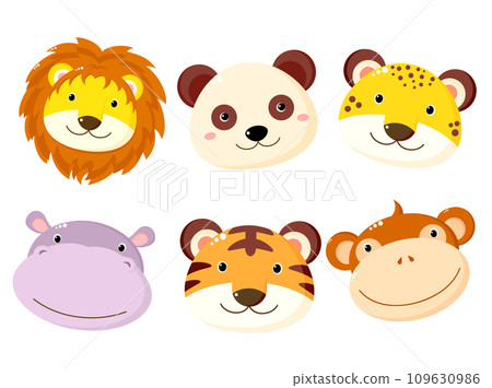 Set of kawaii member icon. Stickers with cute cartoon panda, hippo, lion, leopard, tiger, monkey. Baby collection of avatar with animals. Vector illustration EPS8 109630986