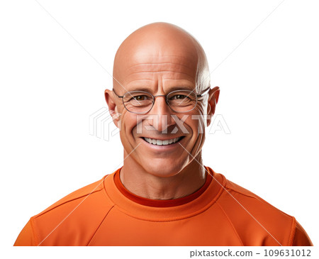 smiling bald man smiling across a white background - Stock