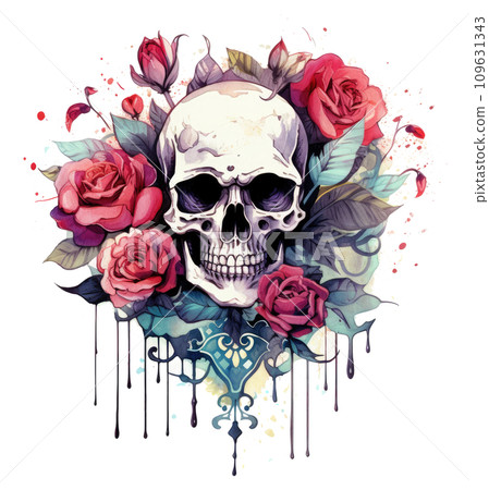 a watercolor skull and flowers, with a red rose on it a watercolor skull and flowers, with a red rose on it 109631343