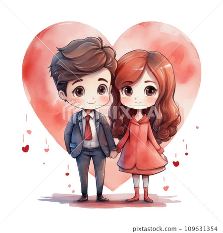 cute watercolor cartoon couple with heart isolated 109631354