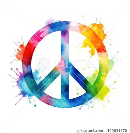 a colorful peace sign painted with watercolor paint isolated 109631376