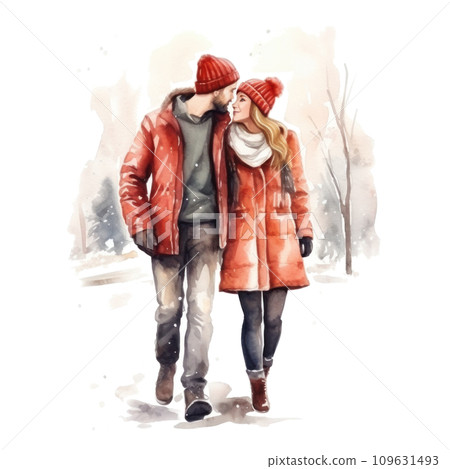 watercolor illustrations with a couple in winter clothing watercolor illustrations with a couple in winter clothing 109631493