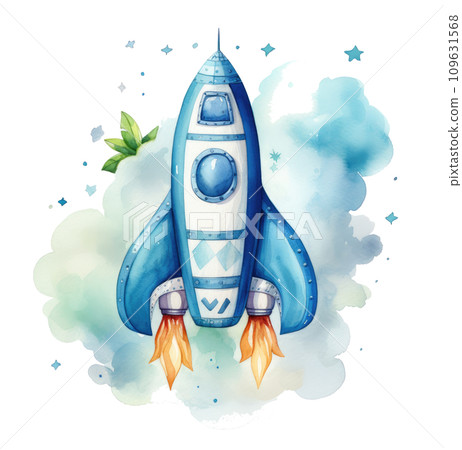 a blue and white space rocket is painted and surrounded by stars, isolated 109631568