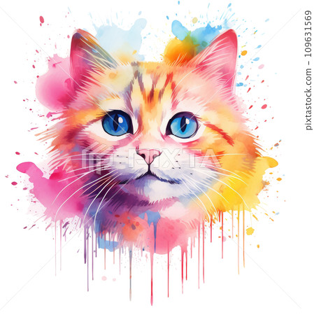 a cat in watercolor with little splashes on his fur, a cat in watercolor with little splashes on his fur, 109631569