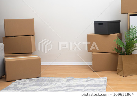 Numerous cardboard boxes of different sizes for things stand on floor with carpet near wall prepared by young family for moving to new apartment in another city Numerous cardboard boxes of different sizes for things stand on floor with carpet near wall prepared by young family for moving to new apartment in another city 109631964