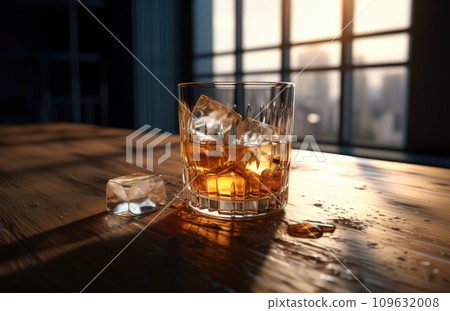 a glass of a whisky sitting inside of a dark scene 109632008