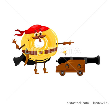 Cartoon funny Capellini italian pasta pirate and corsair character fires his cannon. Isolated vector Captain noodle personage with mustaches, brings a whimsical splash to the high seas adventure 109632139