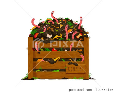 Funny earth worms in wooden compost box with soil ground and organic garbage, cartoon vector. Vermicomposting earthworms in farm garden box with compost soil of bio compostable wastes or food scraps 109632156