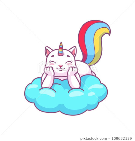 Cute kawaii caticorn dreaming on cloud, vector happy kitten with rainbow tail, cartoon cat unicorn meditating or sleeping in sky 109632159