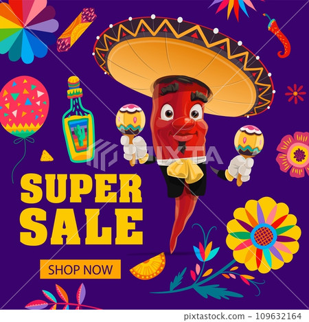 Mexican holiday super sale special offer vector banner with chili pepper mariachi musician character, cartoon tropical flowers and balloons. Funny mariachi with sombrero, maracas, mexican fiesta sale 109632164
