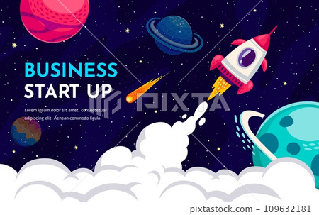 Rocket. Space rocket launch. Project start up. Flying cartoon