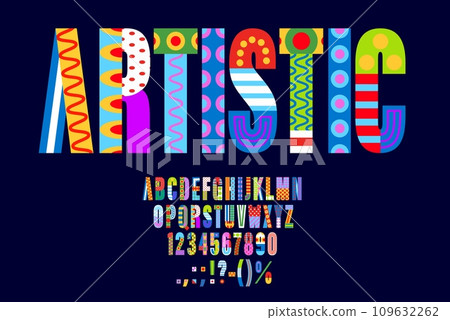 Geometric abstract font, Bauhaus type or color shape typeface, vector urban art English alphabet. ABC letters font of artistic retro or modern creative typography type with colorful pattern and shapes 109632262