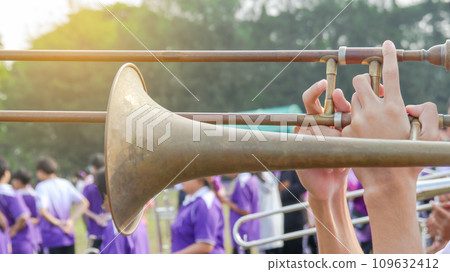 Music instrument is being played by hands 109632412