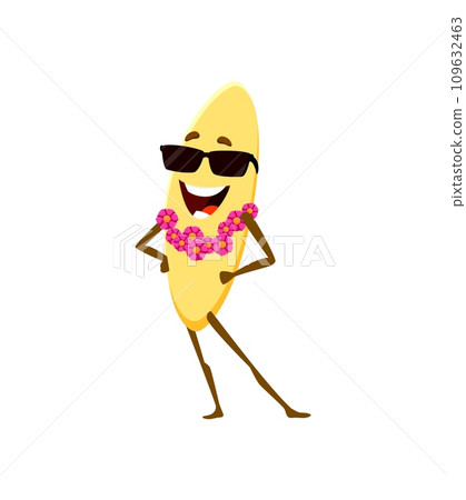Cartoon cheerful orzo pasta character on summer beach vacation. Isolated vector personage, adorned with sunglasses and floral garland, enjoys a sunny day, basking in the sun with a big, joyful smile 109632463