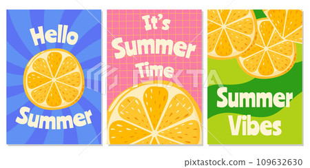 Set of retro abstract posters with lemon fruit. Summer trendy vector illustration with season text. For banner, card, flyer, web design, a4 format. Set of retro abstract posters with lemon fruit. Summer trendy vector illustration with season text. For banner, card, flyer, web design, a4 format. 109632630