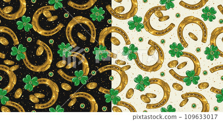 St Patricks day seamless pattern with clover, lucky 4 leaves shamrock, golden dust, horseshoe amulet, scattered coins. Vintage illustration for prints, textile, surface design 109633017