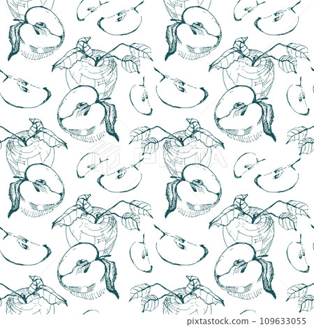Seamless pattern with hand drawn linear apples - Stock Illustration ...